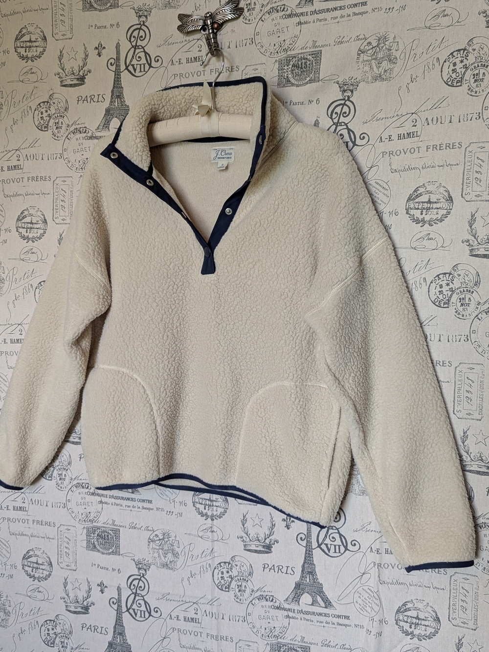 J. Crew Polartec Cream Teddy Sherpa Pullover with Navy Trim - Women's Small